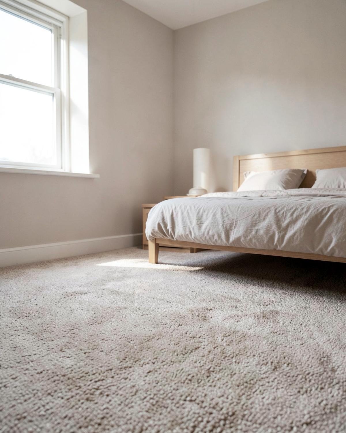 Bedroom with soft beige carpet flooring and a light wood bed frame