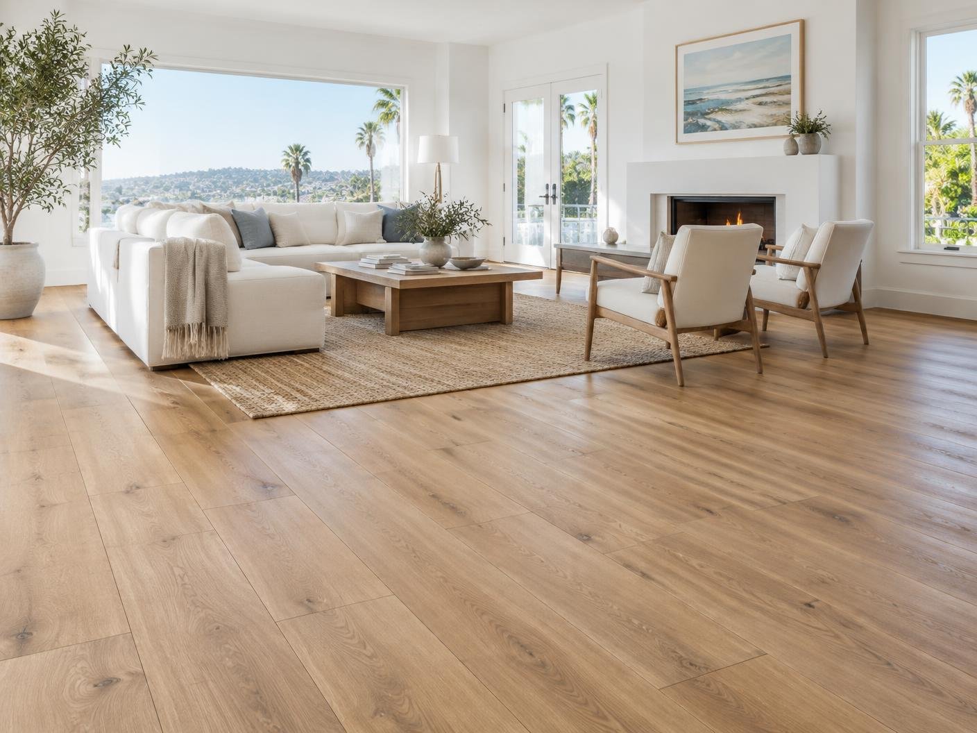 Bright modern living room with light wood-look laminate flooring, a white sectional sofa, and a fireplace